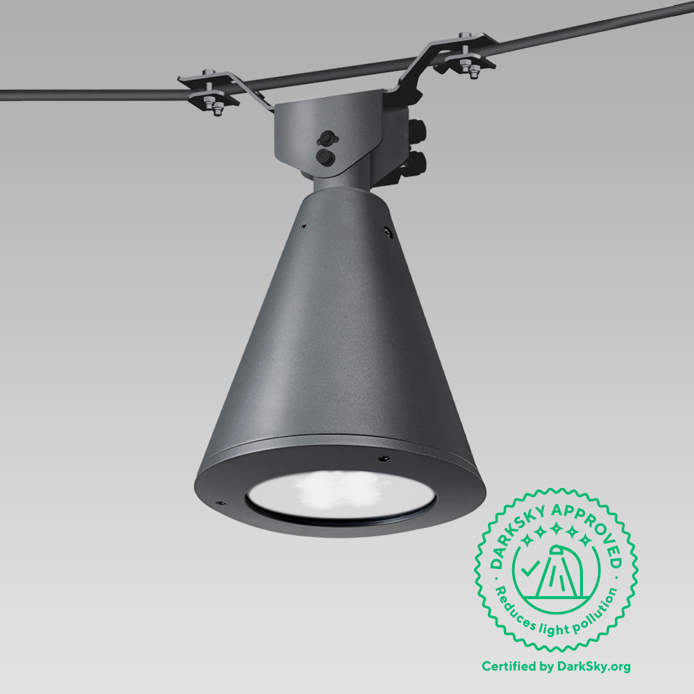 Suspended luminaires  Catenary urban lighting luminaire with a classical conical shape design