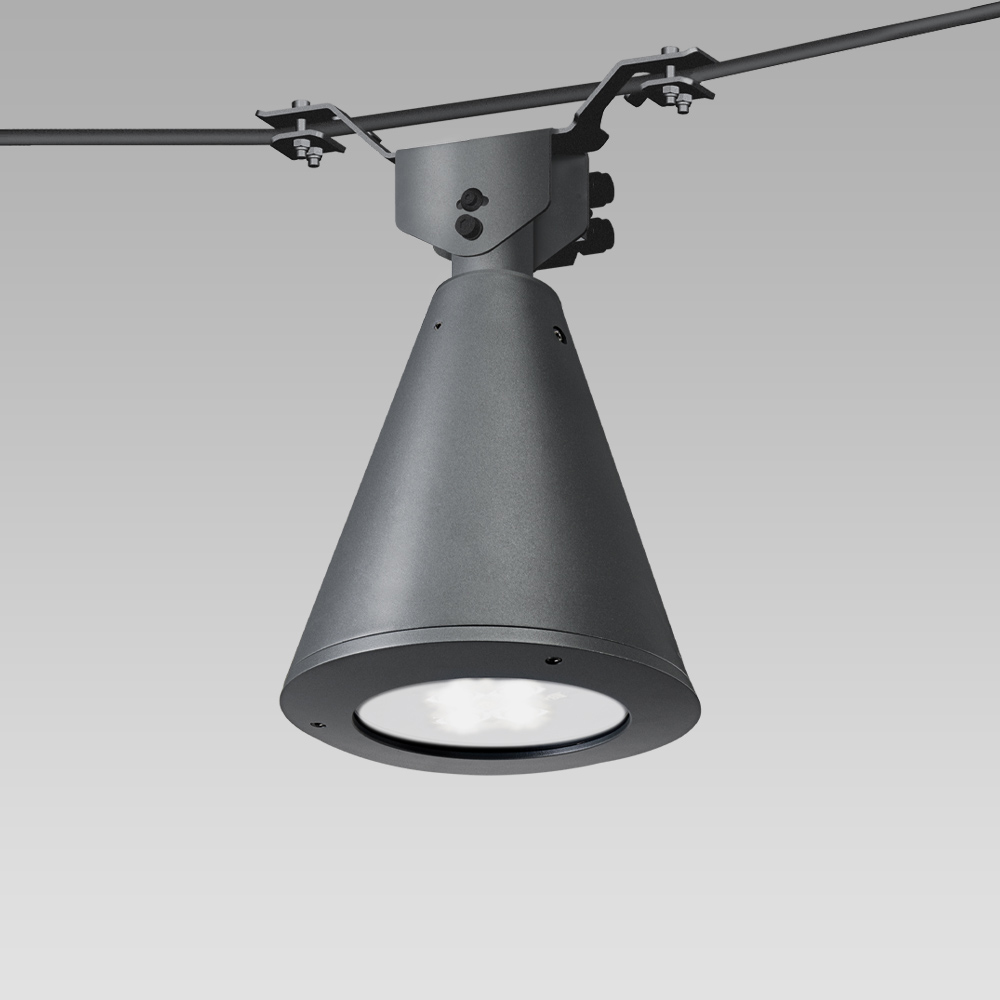 Suspended luminaires  Catenary urban lighting luminaire with a classical conical shape design