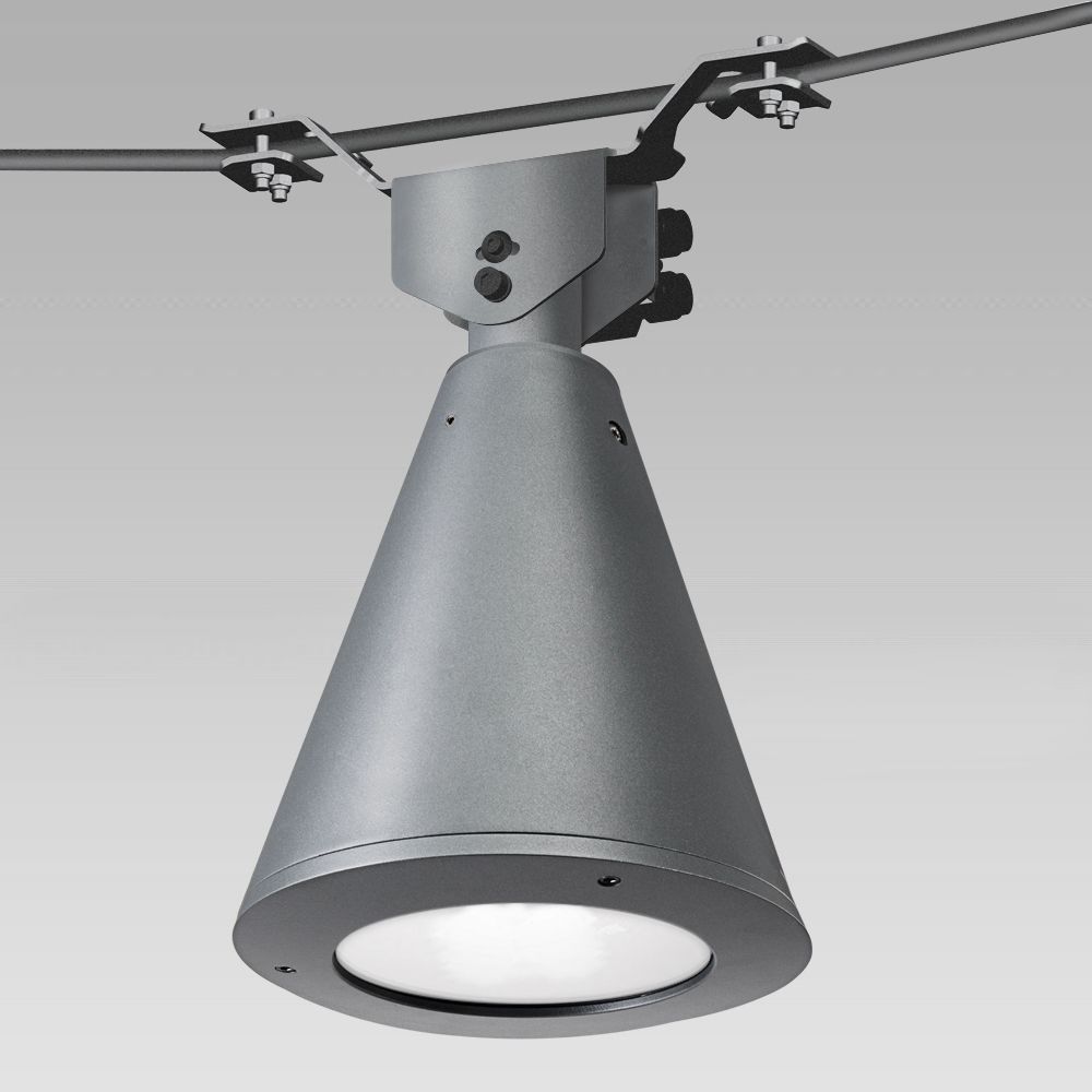 Urban lighting catenary luminaire with a classic conical-shape design